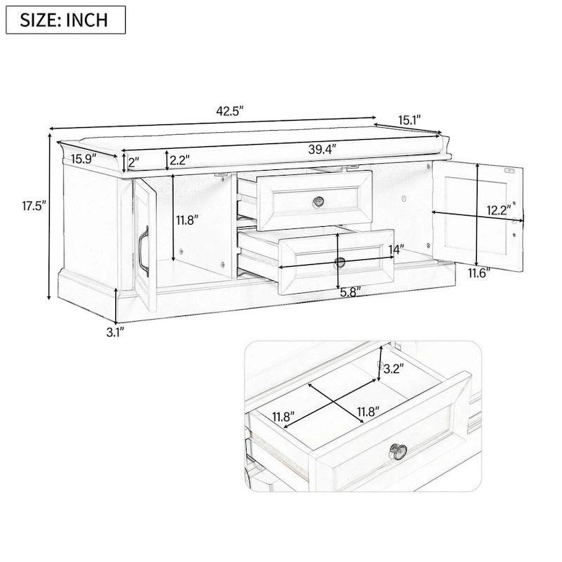 Banc de rangement rétro un siège avec coussin, finition gris lavé / blanc / bleu marine vieilli