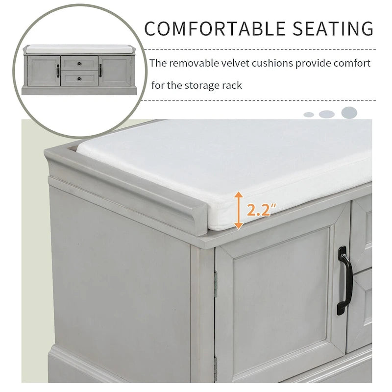 Banc de rangement rétro un siège avec coussin, finition gris lavé / blanc / bleu marine vieilli