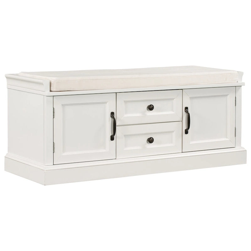 Banc de rangement rétro un siège avec coussin, finition gris lavé / blanc / bleu marine vieilli