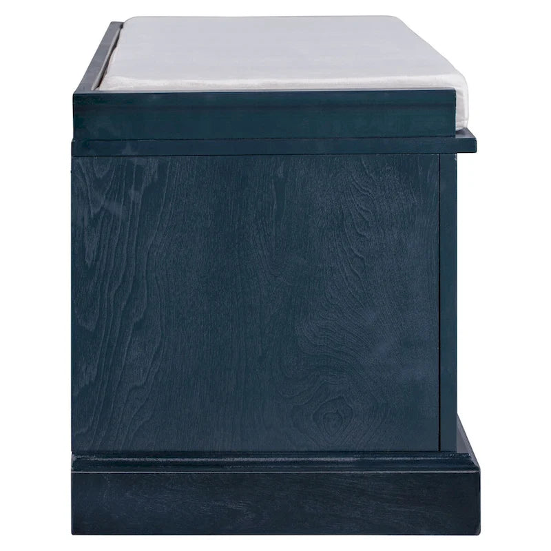 Banc de rangement rétro un siège avec coussin, finition gris lavé / blanc / bleu marine vieilli