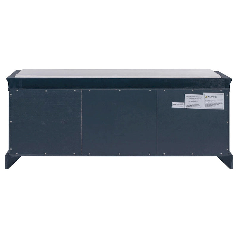Banc de rangement rétro un siège avec coussin, finition gris lavé / blanc / bleu marine vieilli