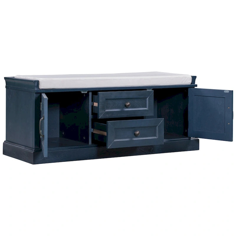 Banc de rangement rétro un siège avec coussin, finition gris lavé / blanc / bleu marine vieilli