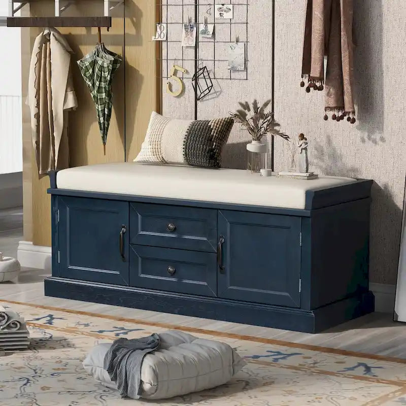 Banc de rangement rétro un siège avec coussin, finition gris lavé / blanc / bleu marine vieilli