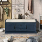Banc de rangement rétro un siège avec coussin, finition gris lavé / blanc / bleu marine vieilli