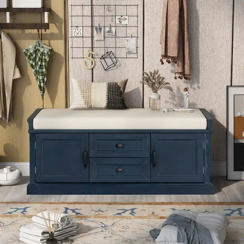 Banc de rangement rétro un siège avec coussin, finition gris lavé / blanc / bleu marine vieilli