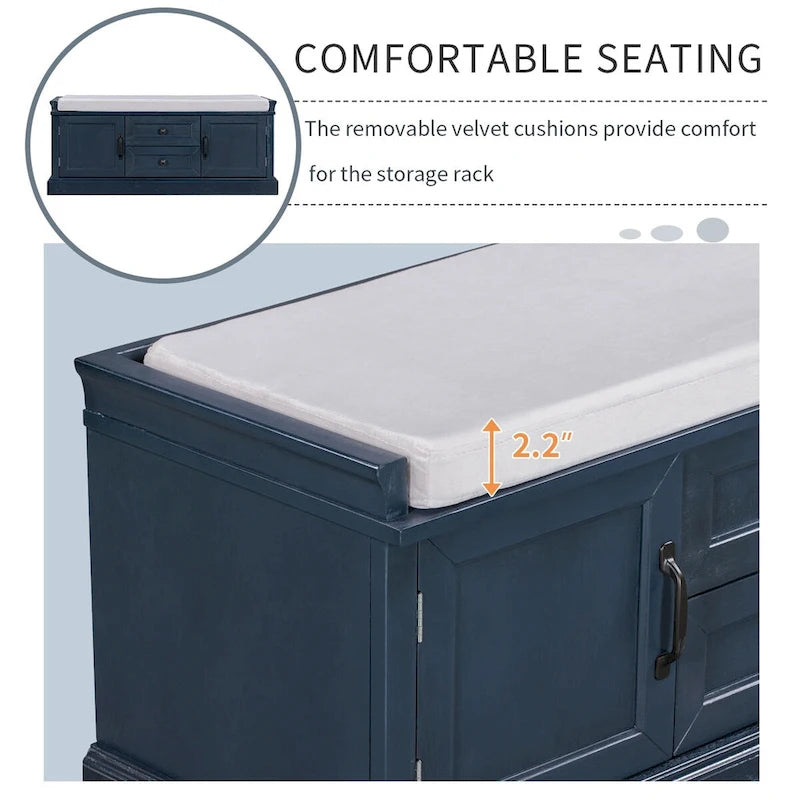 Banc de rangement rétro un siège avec coussin, finition gris lavé / blanc / bleu marine vieilli