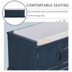 Banc de rangement rétro un siège avec coussin, finition gris lavé / blanc / bleu marine vieilli