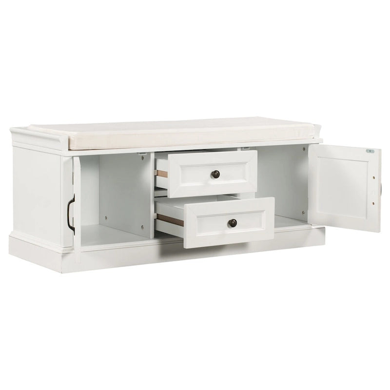Banc de rangement rétro un siège avec coussin, finition gris lavé / blanc / bleu marine vieilli