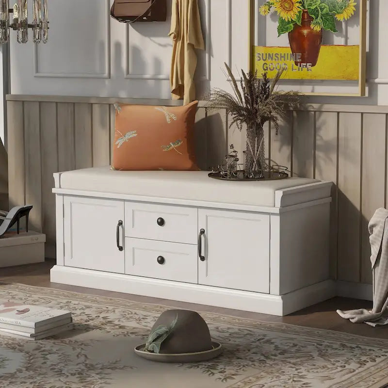 Banc de rangement rétro un siège avec coussin, finition gris lavé / blanc / bleu marine vieilli