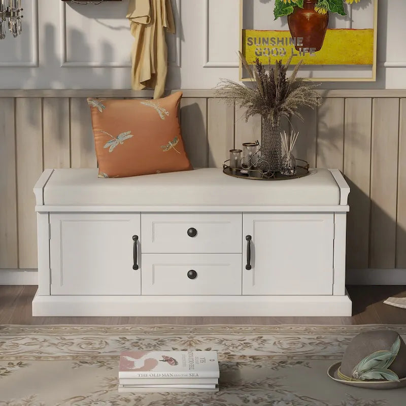 Banc de rangement rétro un siège avec coussin, finition gris lavé / blanc / bleu marine vieilli