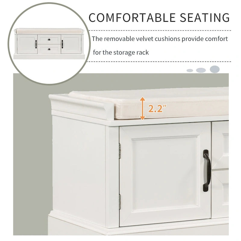 Banc de rangement rétro un siège avec coussin, finition gris lavé / blanc / bleu marine vieilli