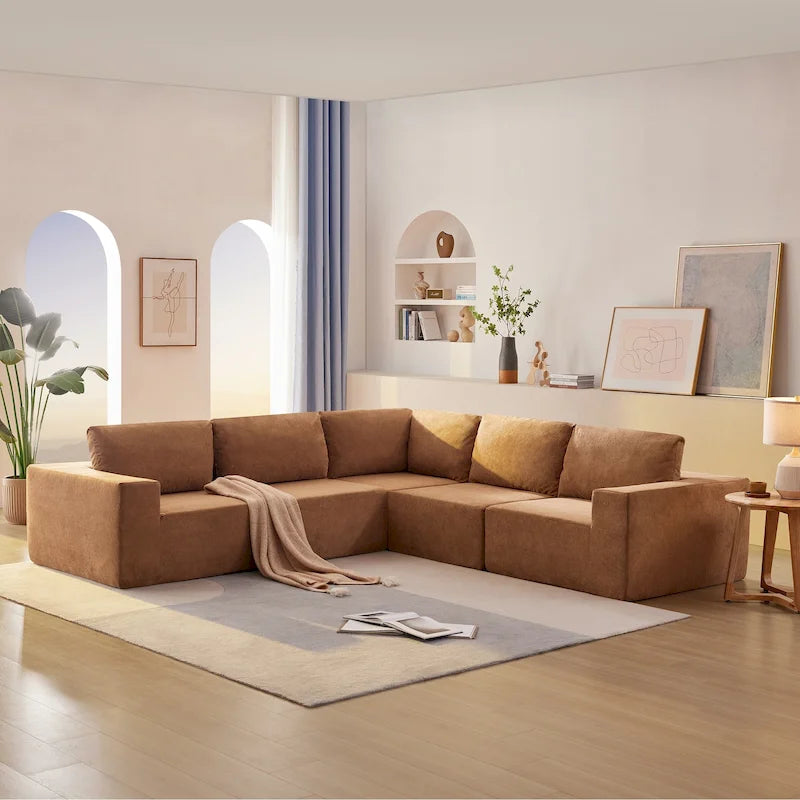 L-Shaped Modular Sectional Sofa, Grey/Brown/Beige, 5-Seat