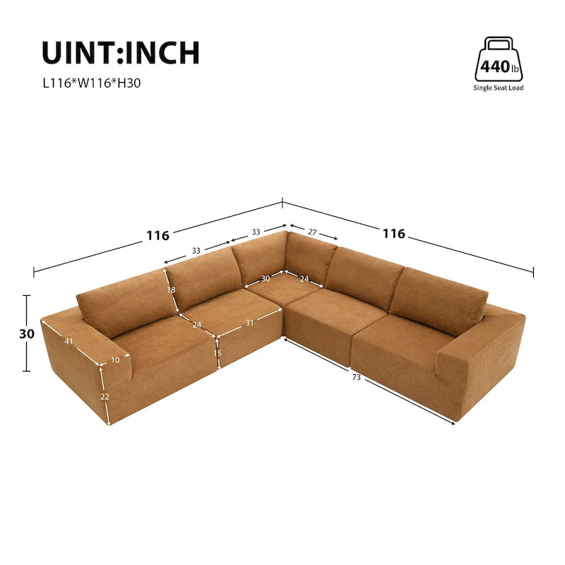 L-Shaped Modular Sectional Sofa, Grey/Brown/Beige, 5-Seat