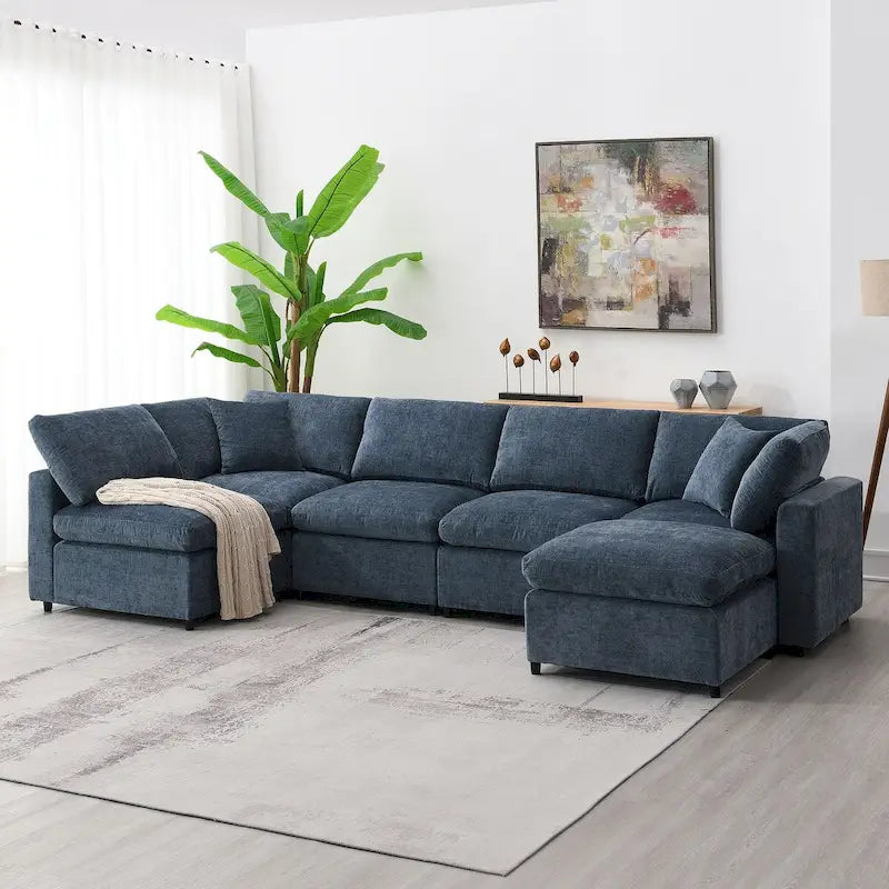 Dark Blue Reversible Modular Sectional Sofa Bed, Chenille, Seats 6
