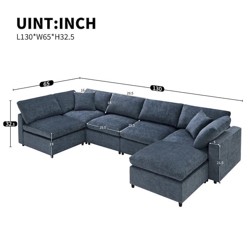Dark Blue Reversible Modular Sectional Sofa Bed, Chenille, Seats 6
