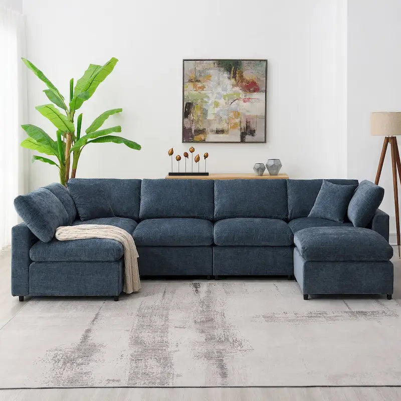 Dark Blue Reversible Modular Sectional Sofa Bed, Chenille, Seats 6