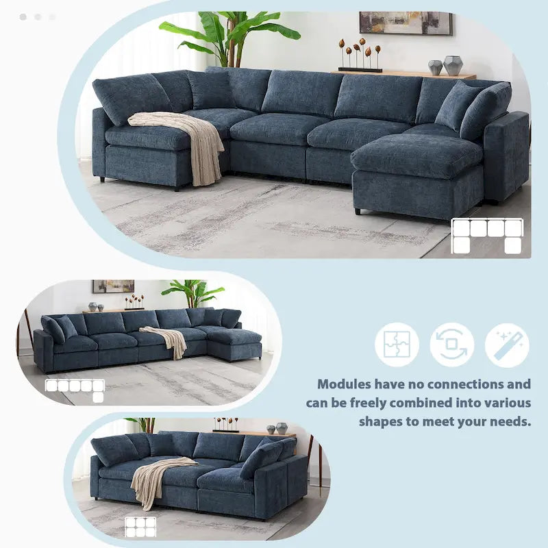 Dark Blue Reversible Modular Sectional Sofa Bed, Chenille, Seats 6