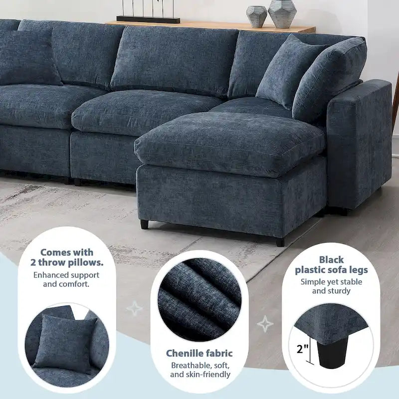 Dark Blue Reversible Modular Sectional Sofa Bed, Chenille, Seats 6