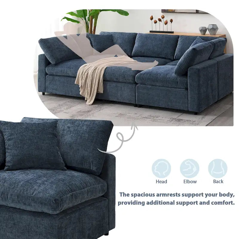 Dark Blue Reversible Modular Sectional Sofa Bed, Chenille, Seats 6