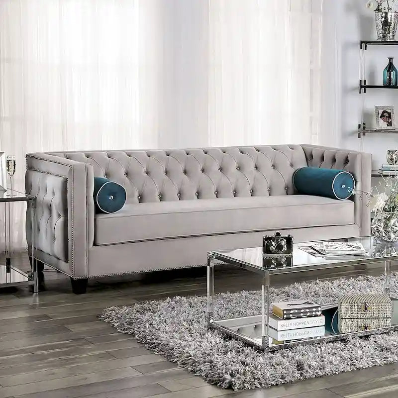 Gray Velvet Button-Tufted Tuxedo Sofa, 2-Seat