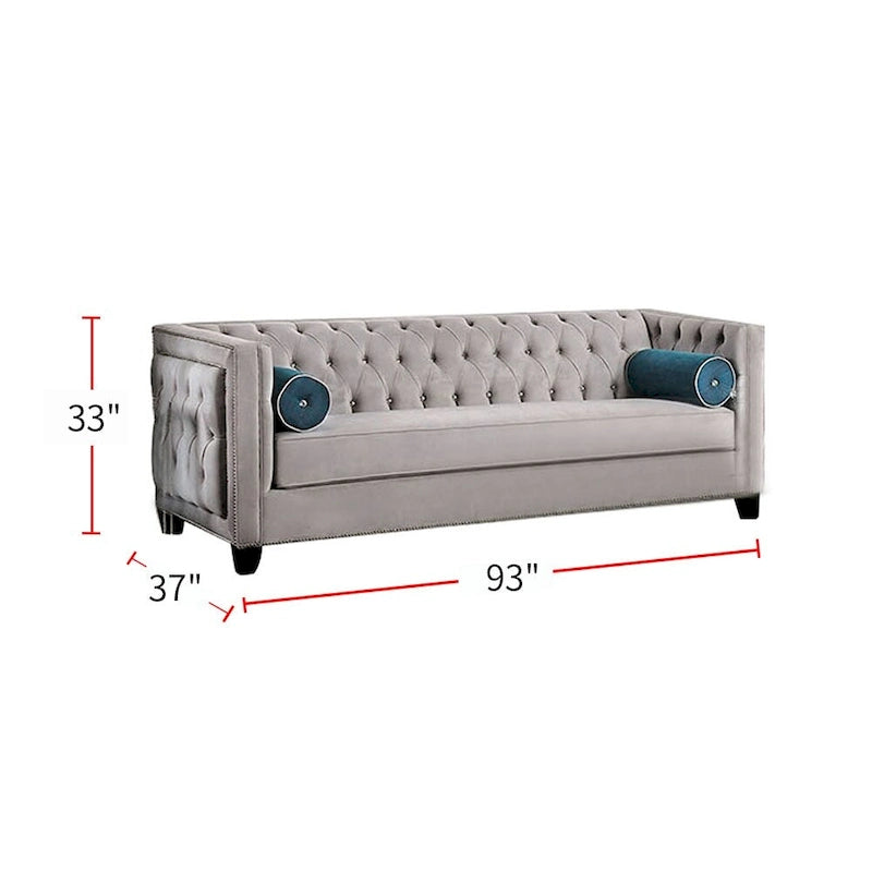 Gray Velvet Button-Tufted Tuxedo Sofa, 2-Seat