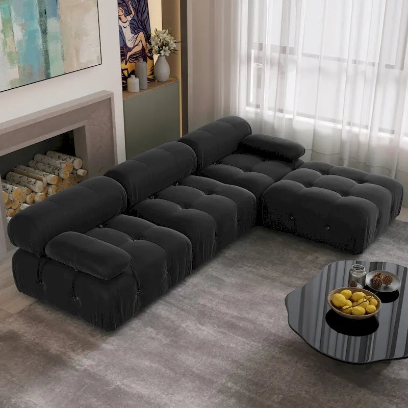 L-Shaped Velvet Sectional Sofa with Reversible Chaise Ottoman, 4-Seat, Multiple Colors