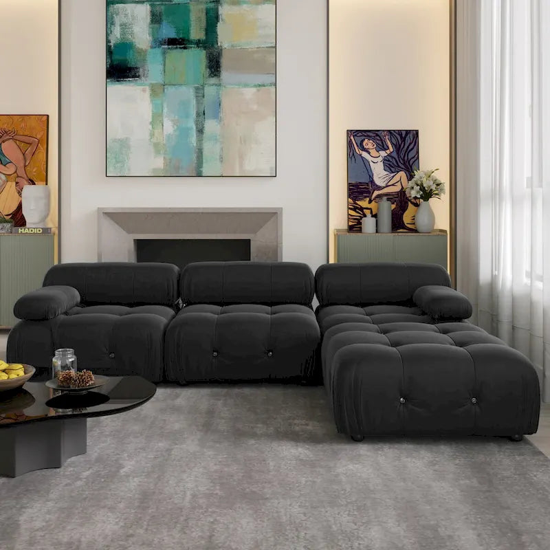 L-Shaped Velvet Sectional Sofa with Reversible Chaise Ottoman, 4-Seat, Multiple Colors