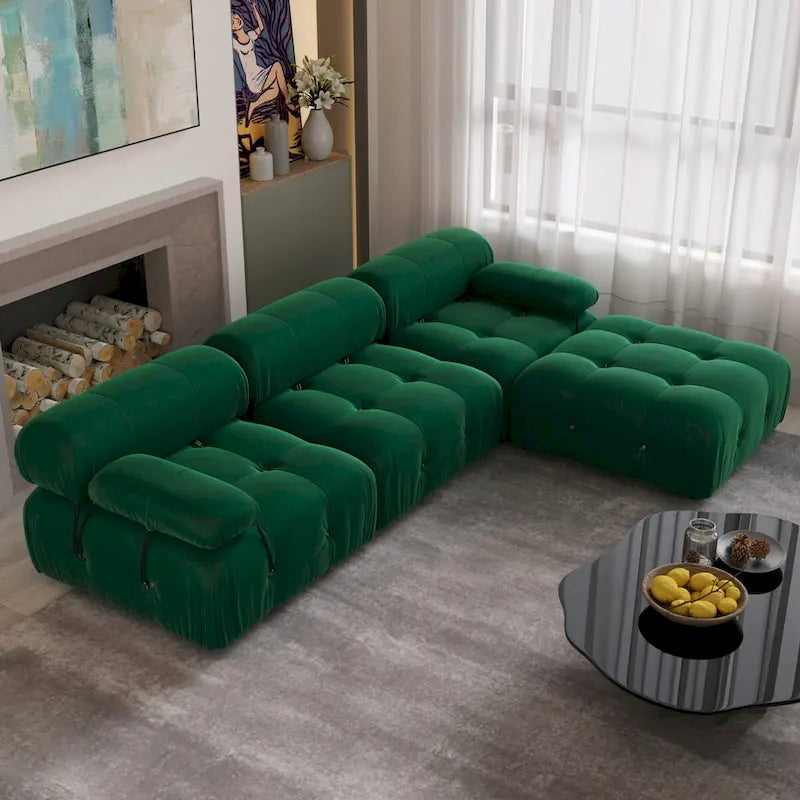 L-Shaped Velvet Sectional Sofa with Reversible Chaise Ottoman, 4-Seat, Multiple Colors