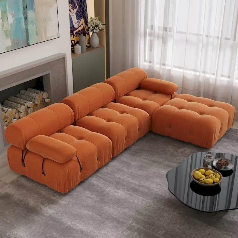L-Shaped Velvet Sectional Sofa with Reversible Chaise Ottoman, 4-Seat, Multiple Colors