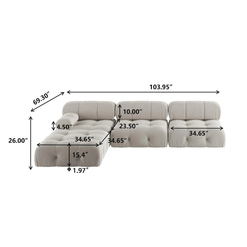 L-Shaped Velvet Sectional Sofa with Reversible Chaise Ottoman, 4-Seat, Multiple Colors