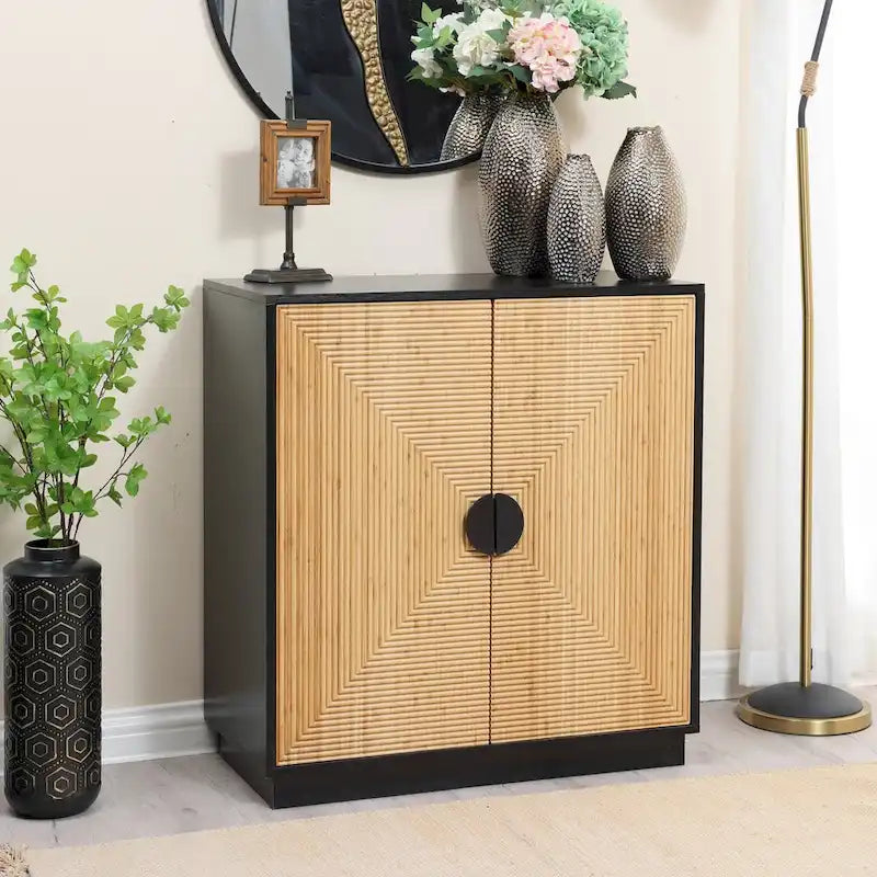 Modern Boho 2-Door Black Accent Cabinet with Bamboo Strips - 33.9  H x 31.5  W x 15.7  D