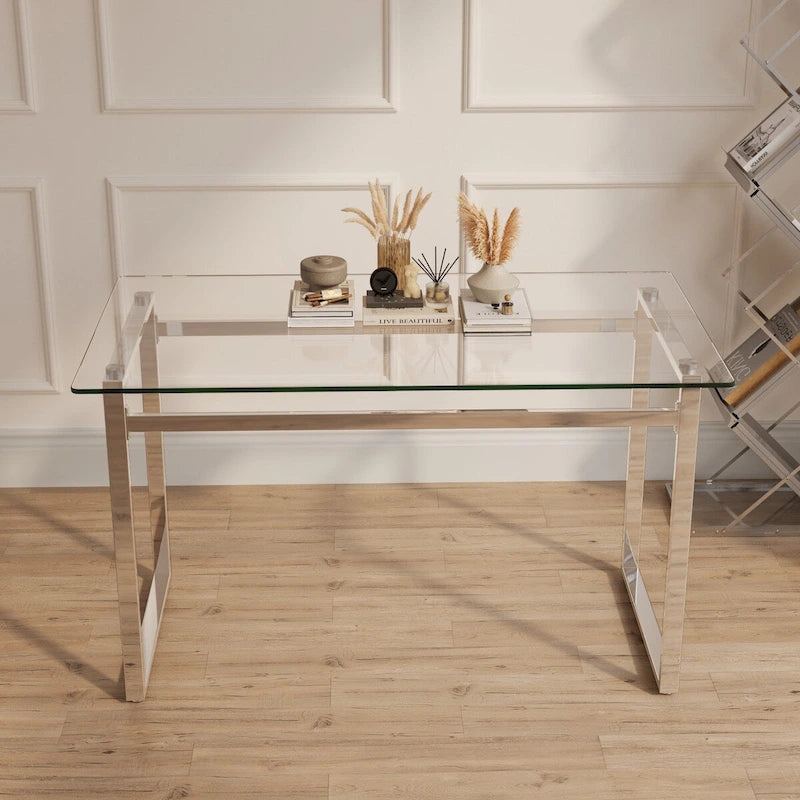Transparent Rectangular Glass Dining Table, Silver Chrome Legs, Seats 4–6