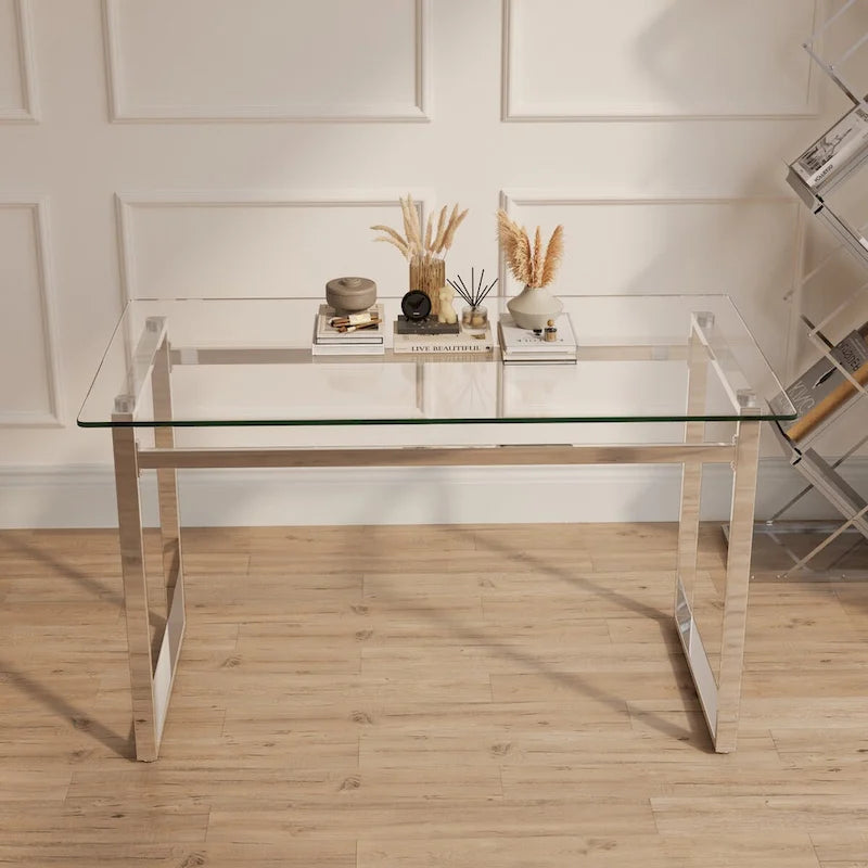 Modern Minimalist Rectangular Glass Dining Table for 4-6 with 0.31  Tempered Glass Tabletop and Silver Chrome Metal Legs