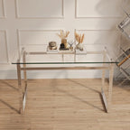 Modern Minimalist Rectangular Glass Dining Table for 4-6 with 0.31  Tempered Glass Tabletop and Silver Chrome Metal Legs