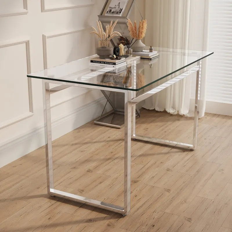 Transparent Rectangular Glass Dining Table, Silver Chrome Legs, Seats 4–6
