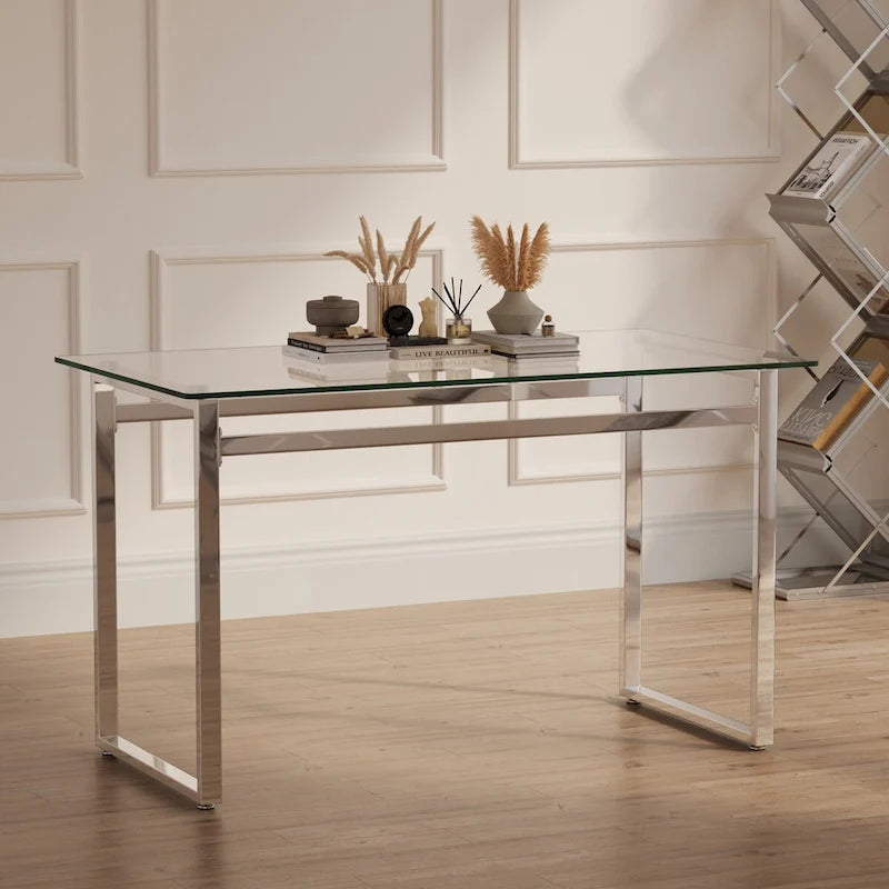 Transparent Rectangular Glass Dining Table, Silver Chrome Legs, Seats 4–6