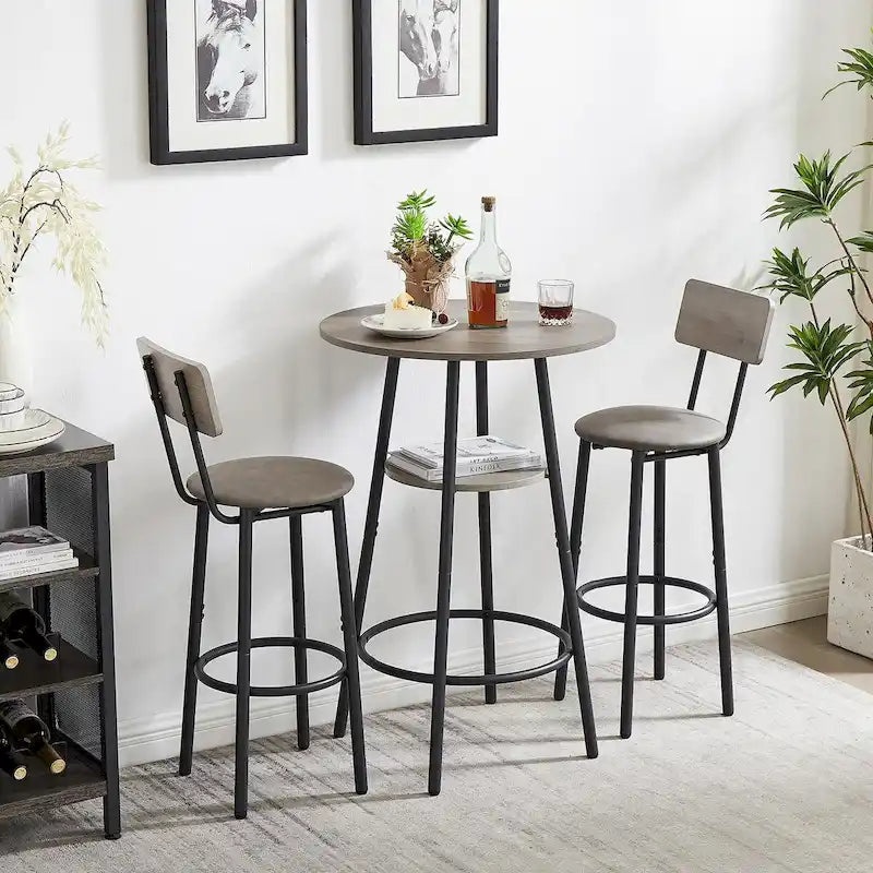 Rustic Brown & Black / Grey 3-Piece Round Bar Table Set for 2, Counter Height with Shelf & PU Leather Stools
