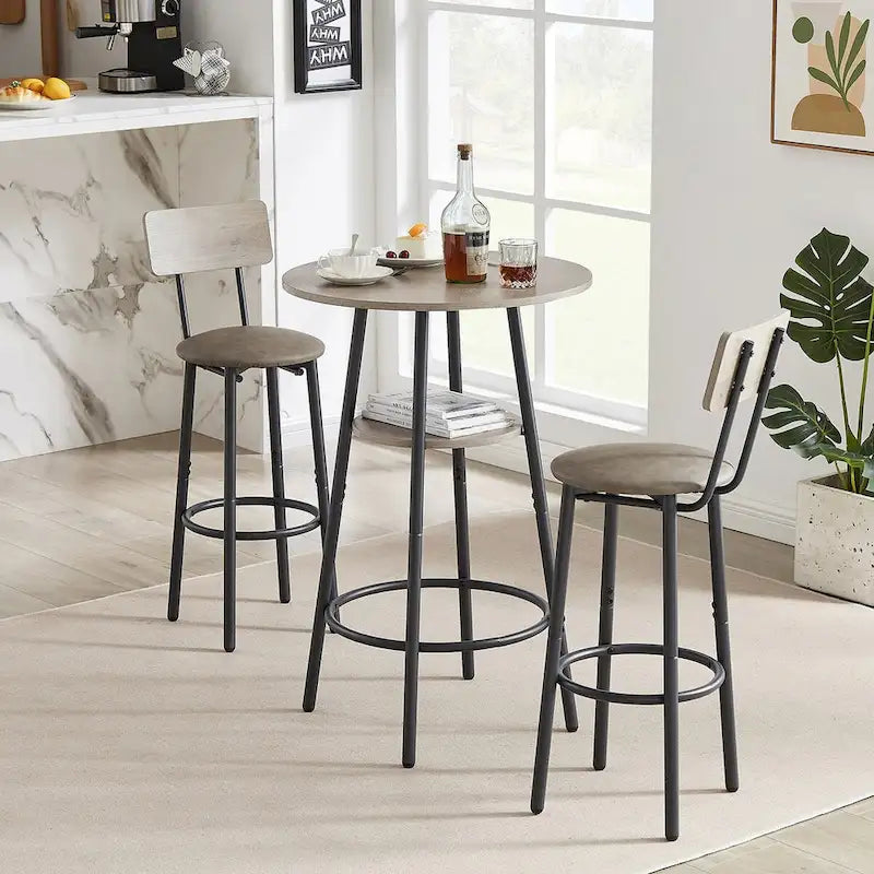 Ensemble table de bar ronde 3 pièces marron rustique et noir/gris pour 2, hauteur comptoir avec étagère et tabourets en cuir PU