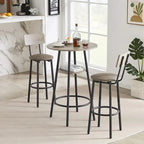 Ensemble table de bar ronde 3 pièces marron rustique et noir/gris pour 2, hauteur comptoir avec étagère et tabourets en cuir PU