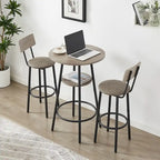 Ensemble table de bar ronde 3 pièces marron rustique et noir/gris pour 2, hauteur comptoir avec étagère et tabourets en cuir PU