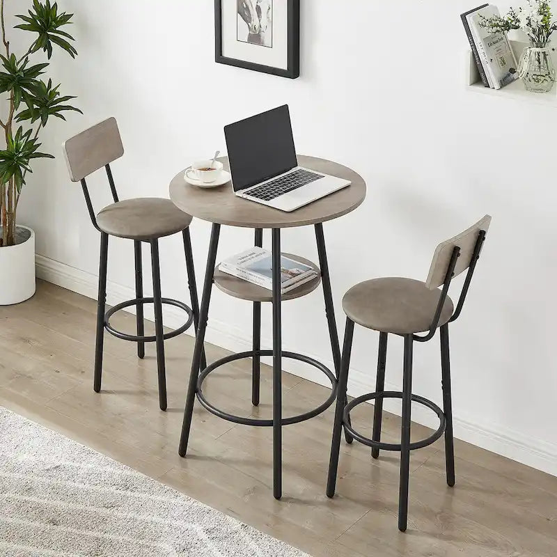 Ensemble table de bar ronde 3 pièces marron rustique et noir/gris pour 2, hauteur comptoir avec étagère et tabourets en cuir PU