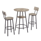 Ensemble table de bar ronde 3 pièces marron rustique et noir/gris pour 2, hauteur comptoir avec étagère et tabourets en cuir PU