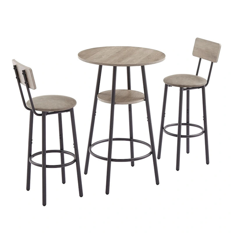 Ensemble table de bar ronde 3 pièces marron rustique et noir/gris pour 2, hauteur comptoir avec étagère et tabourets en cuir PU