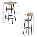 Ensemble table de bar ronde 3 pièces marron rustique et noir/gris pour 2, hauteur comptoir avec étagère et tabourets en cuir PU