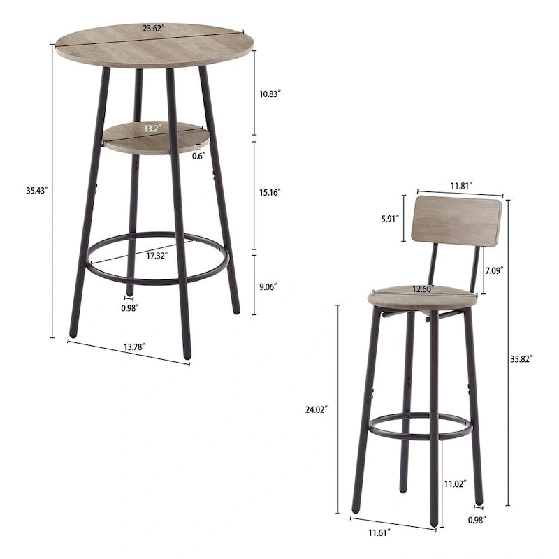 Ensemble table de bar ronde 3 pièces marron rustique et noir/gris pour 2, hauteur comptoir avec étagère et tabourets en cuir PU