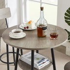 Ensemble table de bar ronde 3 pièces marron rustique et noir/gris pour 2, hauteur comptoir avec étagère et tabourets en cuir PU