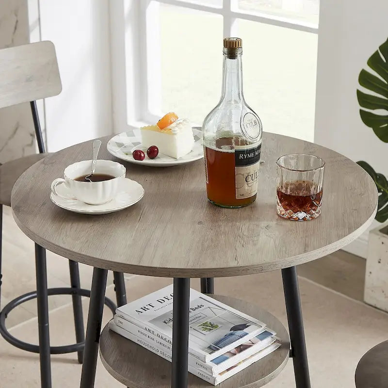 Ensemble table de bar ronde 3 pièces marron rustique et noir/gris pour 2, hauteur comptoir avec étagère et tabourets en cuir PU