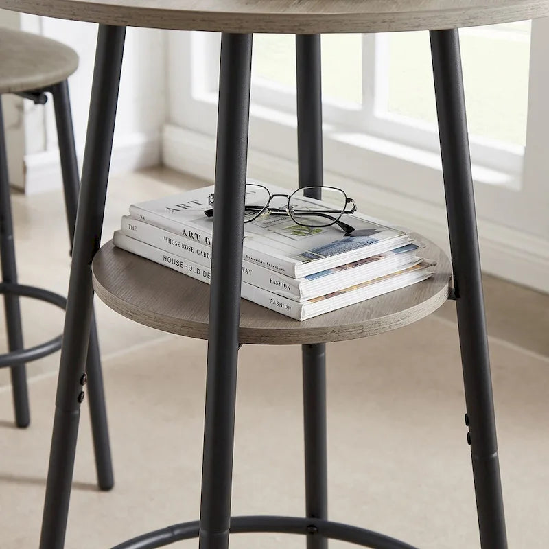 Ensemble table de bar ronde 3 pièces marron rustique et noir/gris pour 2, hauteur comptoir avec étagère et tabourets en cuir PU