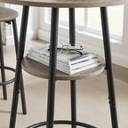 Ensemble table de bar ronde 3 pièces marron rustique et noir/gris pour 2, hauteur comptoir avec étagère et tabourets en cuir PU