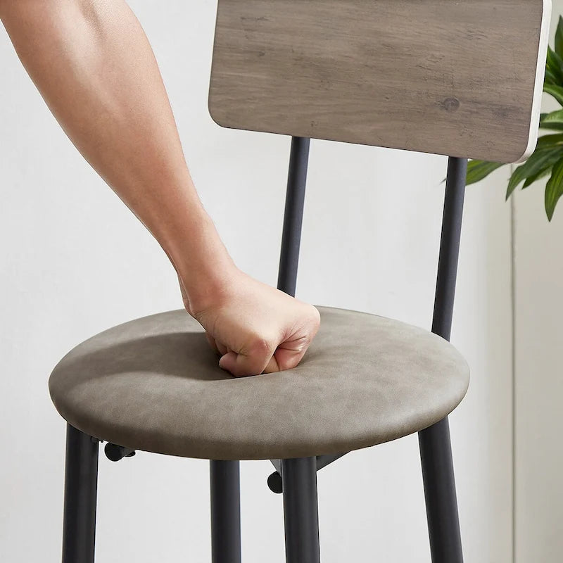 Ensemble table de bar ronde 3 pièces marron rustique et noir/gris pour 2, hauteur comptoir avec étagère et tabourets en cuir PU